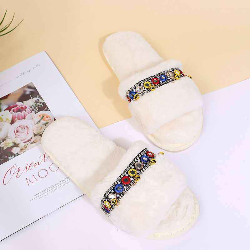 autumn and winter new arrival one-line soft bottom ethnic style fur slippers women's foreign trade large size fur ball heattech cotton dropshipping