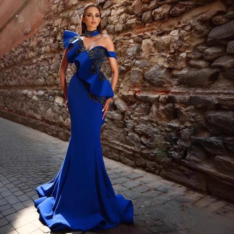 European and American  new one-shoulder turtleneck sexy evening dress, lotus leaf edge waist banquet fishtail long dress dresses