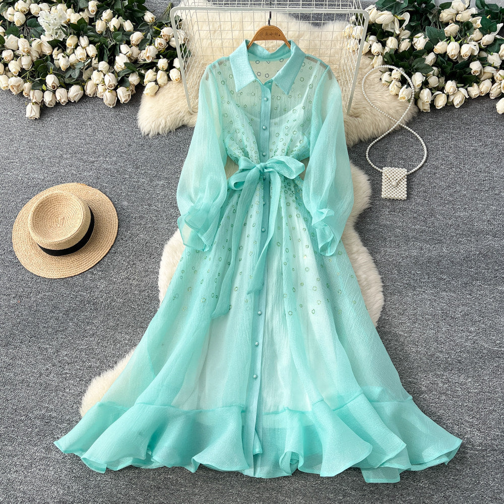Korean style light luxury long sleeve lantern sleeve mesh dress women's summer tie-waist a-line elegant maxi dress for work