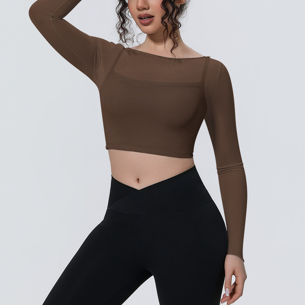 Fake two-piece mesh sports long sleeves t-shirt for women with chest pad, yoga wear tops, quick-drying slimming look outwear fitness wear