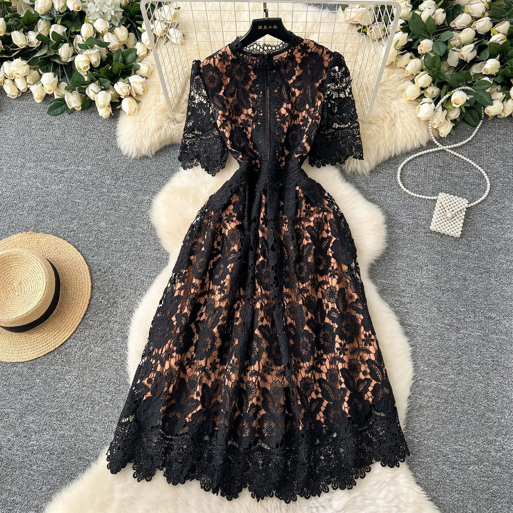 Retroelegance heavy industry cut out crochet water soluble lacedress women's french waist slimming look short sleeve dress long skirt