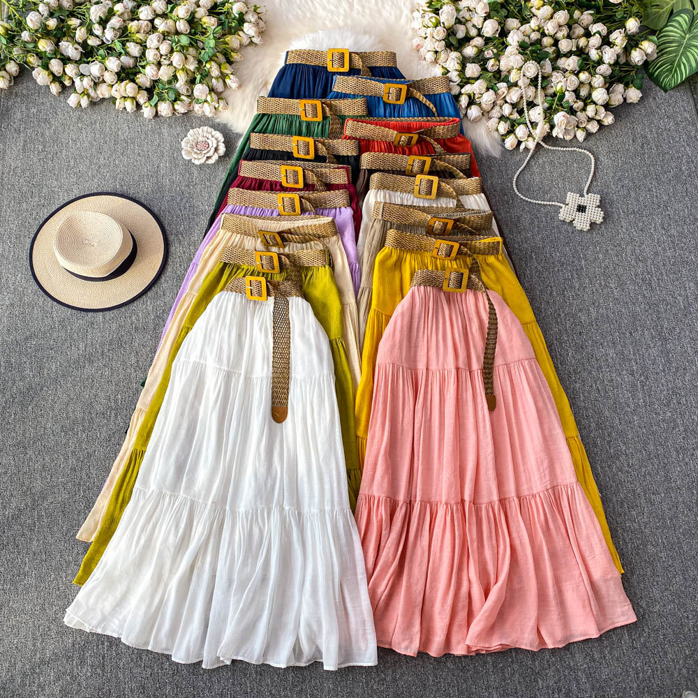 White midi skirt for women, summer  collection: petite-friendly, high-waisted, slimming, flowy, tiered cake skirt