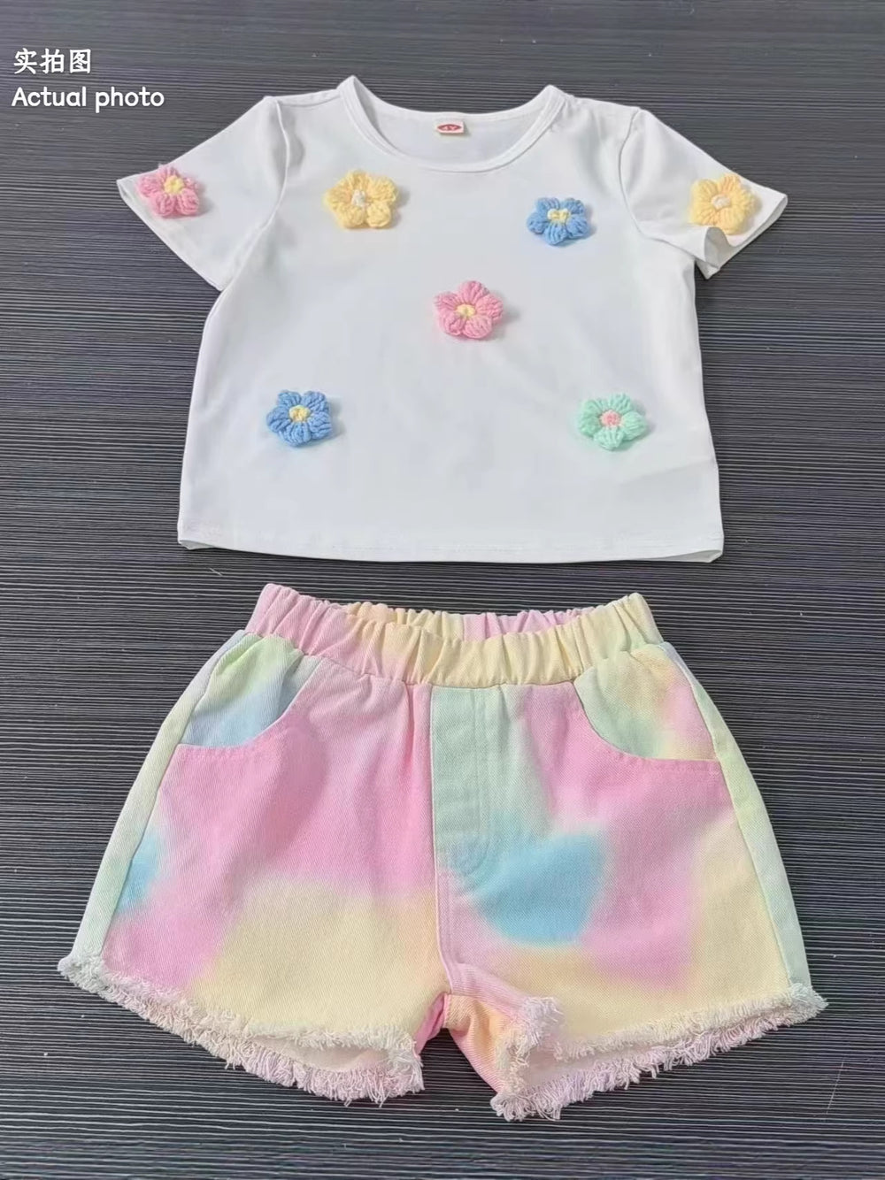 new cross-border girls' round neck 3d floral top + iridescent denim pants two-piece set