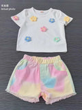 new cross-border girls' round neck 3d floral top + iridescent denim pants two-piece set