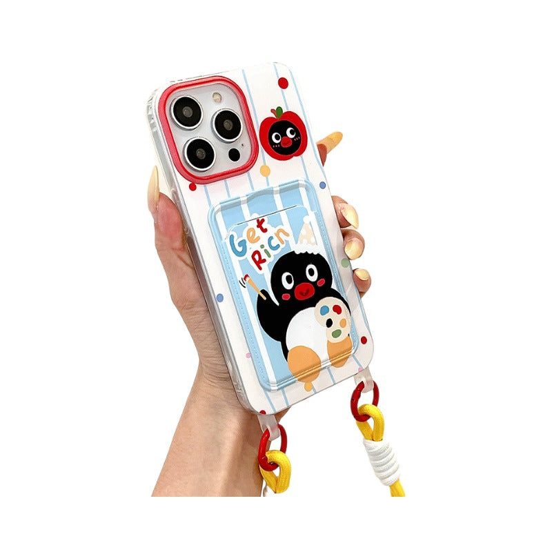 Suitable for iphone16pro card holder lanyard penguin painting mobile phone case apple x/13 bow tpu protective cover