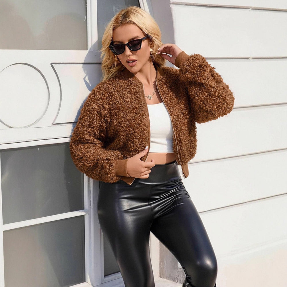 European and american fashion women's faux lambswool cropped jacket loose plush baseball jacket outerwear - /tiktok