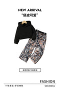 girls' two-piece hoodie set: black hooded sweatshirt & camo cargo pants - stylish & sporty autumn outfit for kids