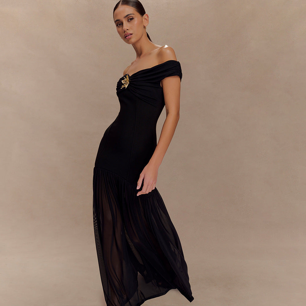 European and american export women's clothing  new arrival: elegant bandeau maxi dress, off-the-shoulder mesh panel, bodycon mini dress