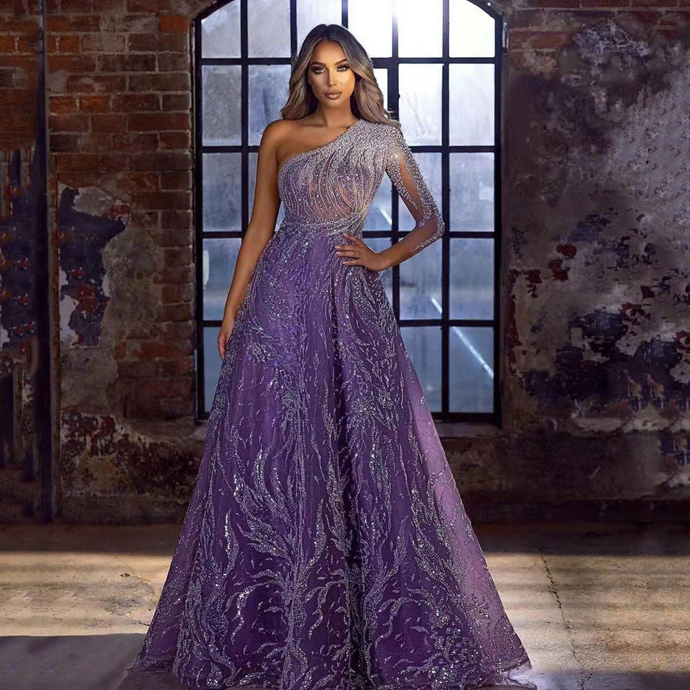 new spring/summer cross-border fashion: european and american style evening gown - gold-embellished, open sleeves, slit dress, slim-fit long formal dress