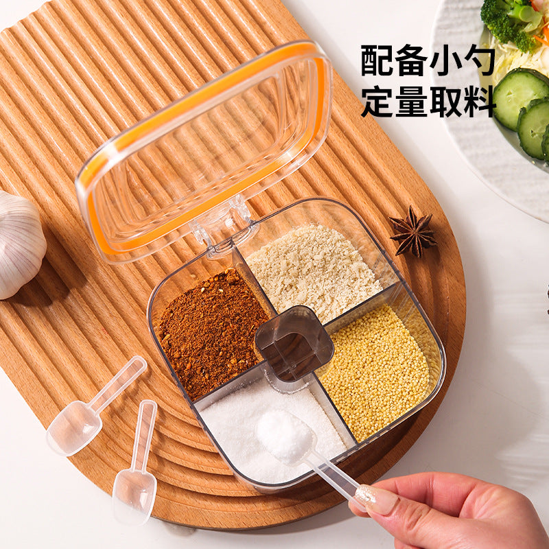 Transparent four-compartment spice box with spoons, creative flip-top kitchen seasoning container, plastic airtight jar, household seasoning bottle set