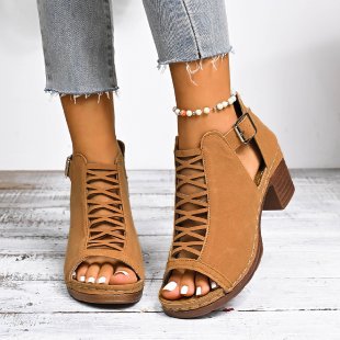 plus size  summer new chunky heel high heel roman peep-toe cutout buckle strap sandals, size 43,