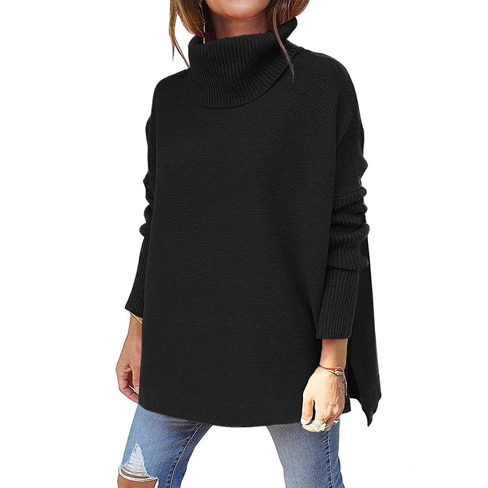 2022 amazon cross-border high neck sweater, mid-length batwing sleeve, cinched hem, pullover knit sweater for women