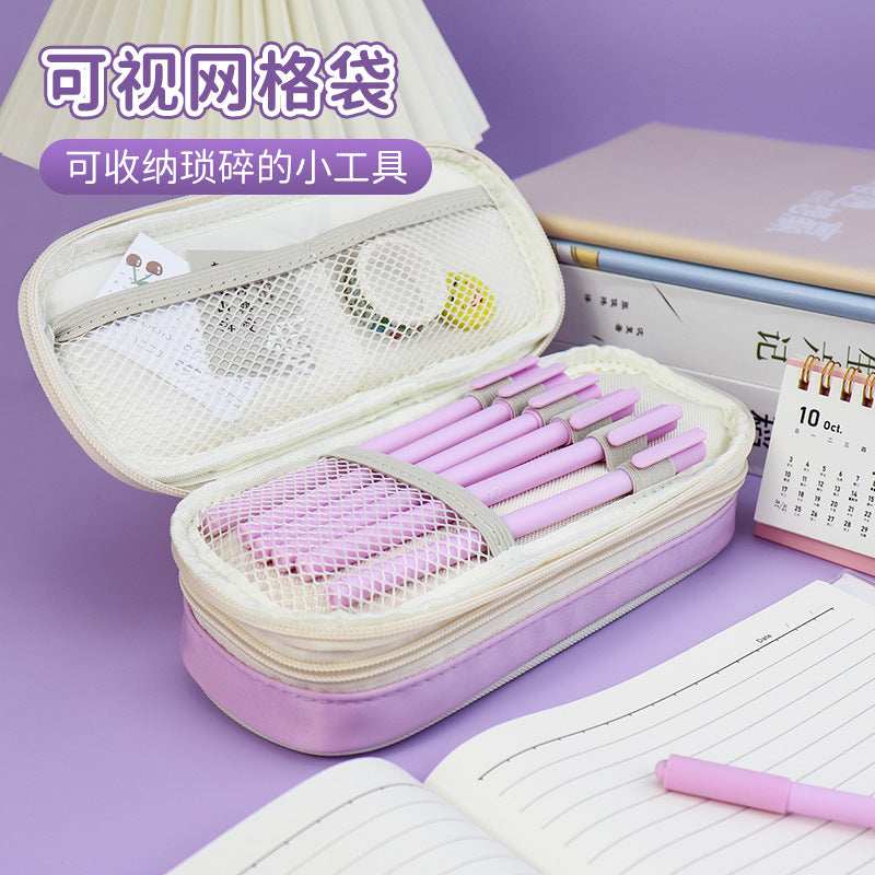 Japan and South Korea large-capacity pencil bag student simple composite cloth macaron double zipper pencil bag stationery bag  stationery box