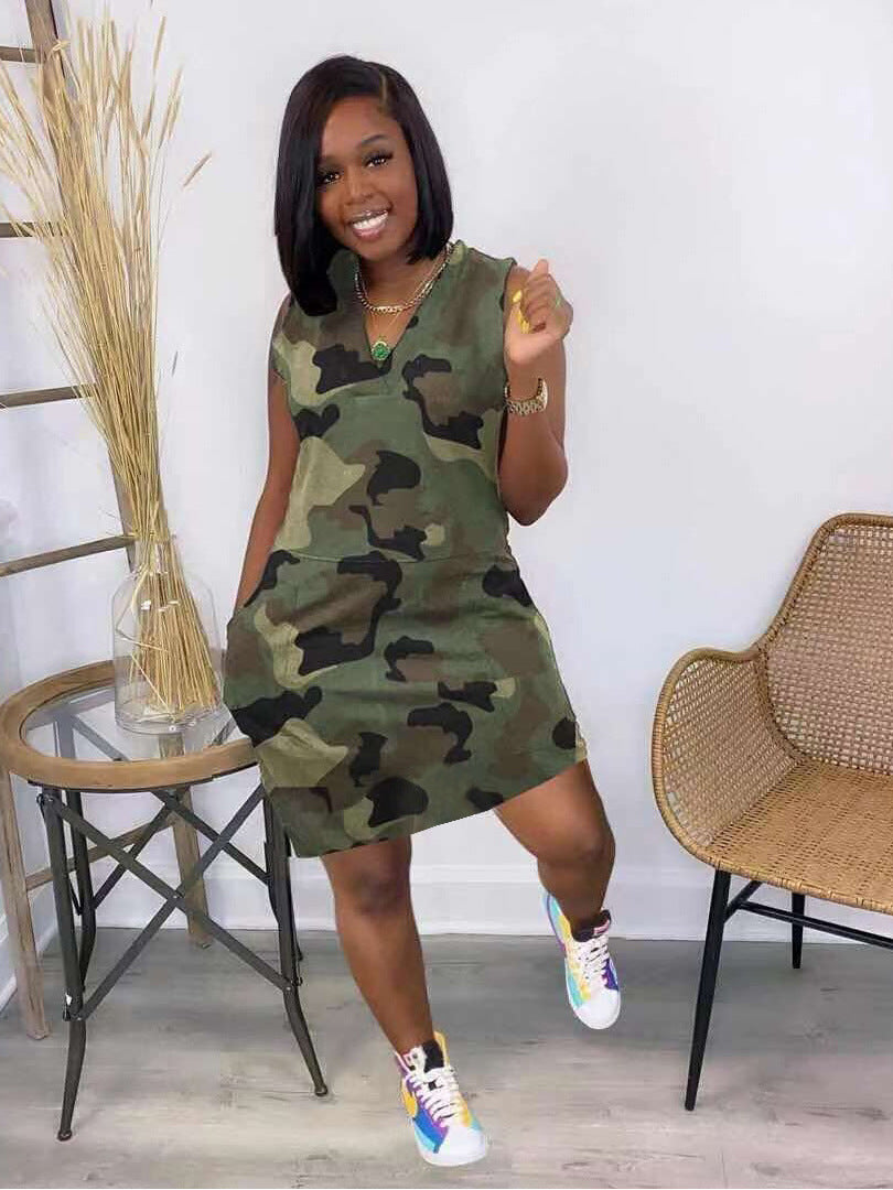 S391576: new spring/summer european and american women's clothing - casual, stylish, and unique sleeveless camouflage dress