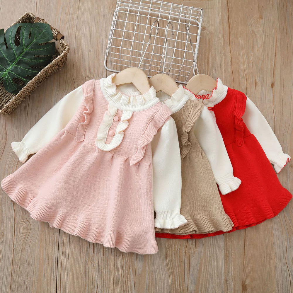 Girls' knit dress - new autumn/winter  collection - flutter sleeve faux two-piece knitted dress for baby girls