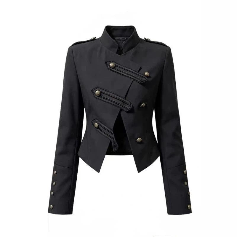 cross-border fashion: european & american autumn retro chic versatile stand collar double-breasted napoleon jacket
