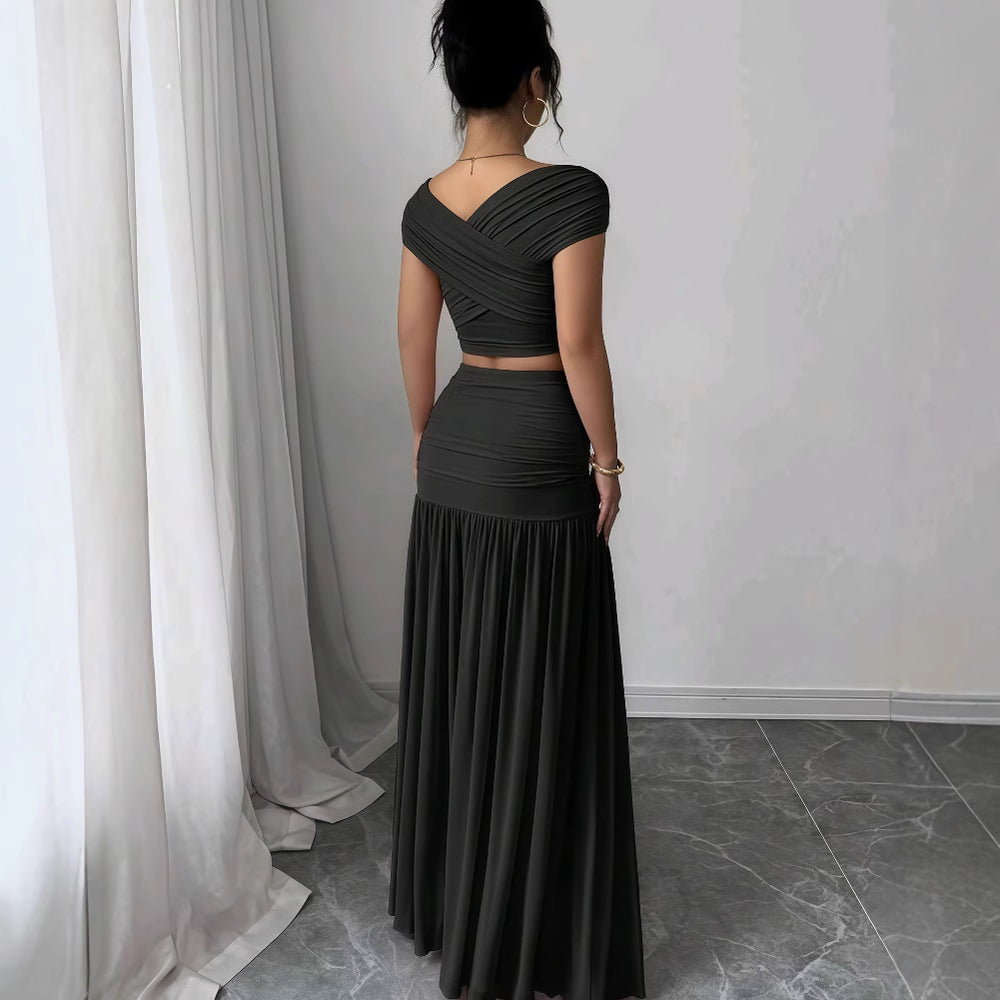 European and american cross-border women's fashion:  summer new arrival - solid color off-the-shoulder top with cinched waist pleated panel skirt two-piece set