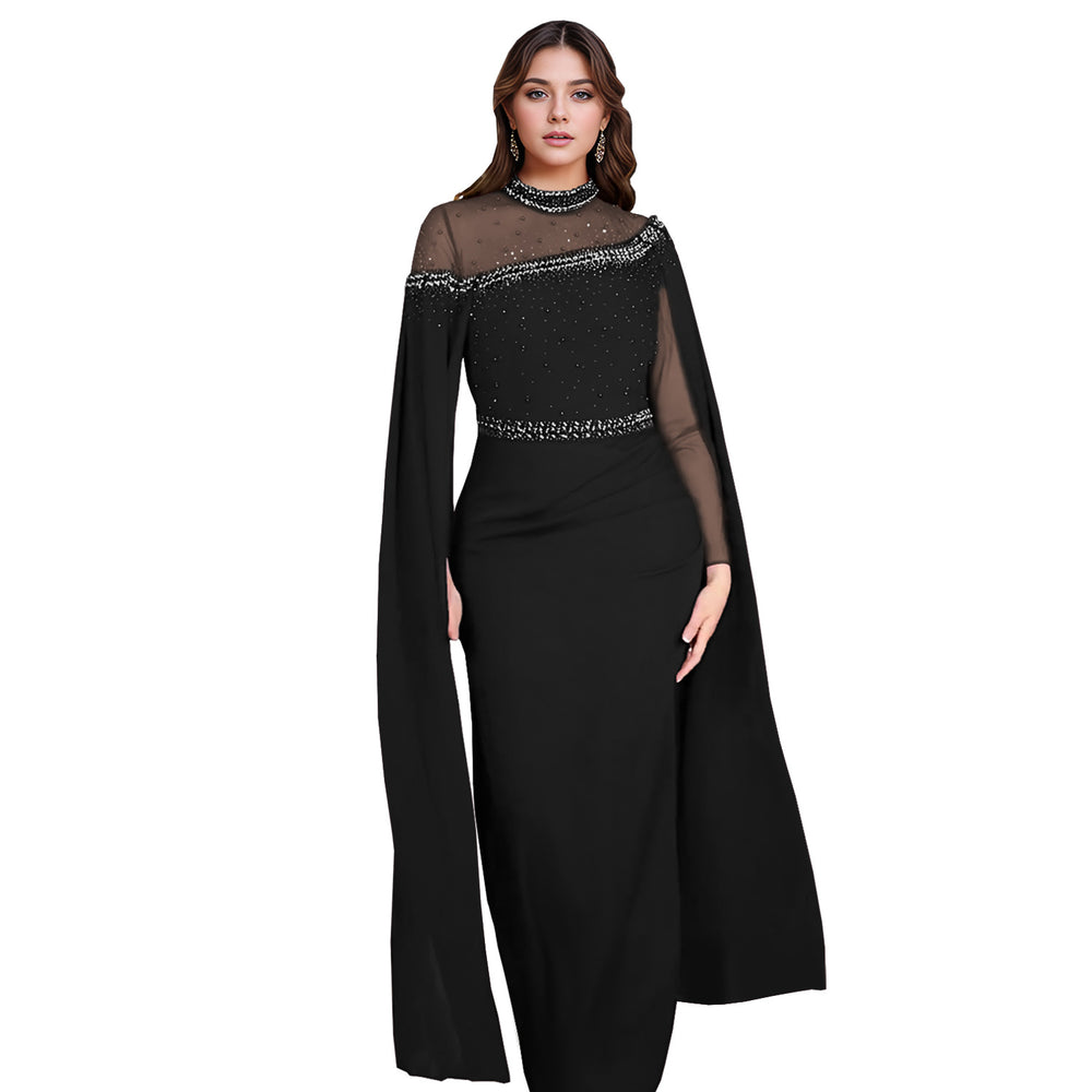 C7280 cross-border fashion evening gown dress: european & american style, chiffon & mesh paneling, heavily embellished with hotfix rhinestones & beaded appliqués, featuring trendy cape sleeves