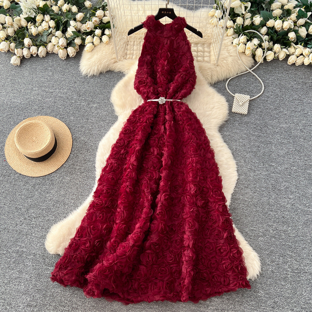 Frenchclassyfashionstereo flower halter sleeveless dress women's strappy waist slimming lookelegant large swing long skirt