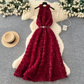 Frenchclassyfashionstereo flower halter sleeveless dress women's strappy waist slimming lookelegant large swing long skirt