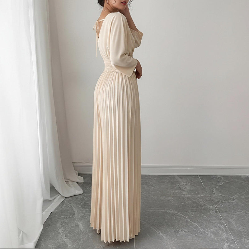 summer new women's clothing: european and american cross-border fashion, elegant solid color cinched waist pleated wide-leg jumpsuit