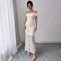 Export light mature style lace dress metal buckle off-shoulder topspatchwork full body pattern lace silm fishtail long