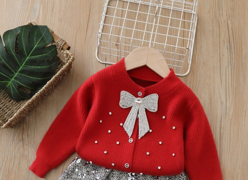 Girls' sweater french style tweed bow knittingcardiganfall and winternew arrivalsoft and sweeteasiest for matchsuit