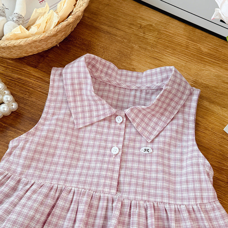 Girls' summer new korean style pink plaid shorts set - stylish and trendy baby girl outfit, kids' clothing, fashionable children's wear