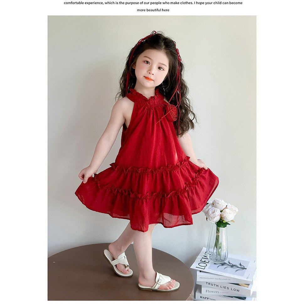 new girls' red rose halter dress - kids' princess cake dress - stylish summer outfit for little girls