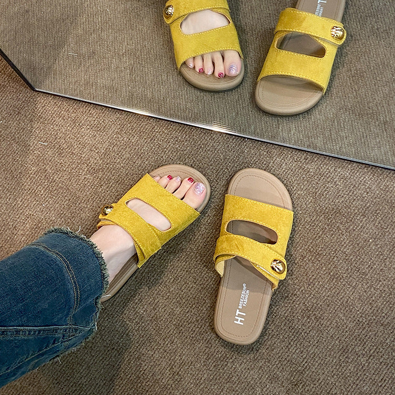 Vintage velcro sandals women's summer new flat bottom fashionable versatile one-strap travel all-match british style women's shoes