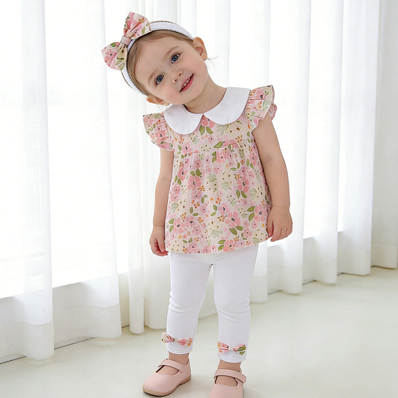 Girls' summer floral outfit: lightweight baby girl's peter pan collar flutter sleeve top and leggings set - sweet and adorable two-piece