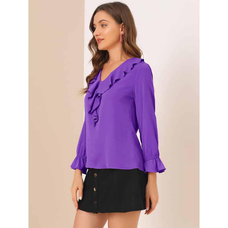Amazon fashion ruffles chiffon long sleevesshirt women's  spring new arrival pure desire v necktops women