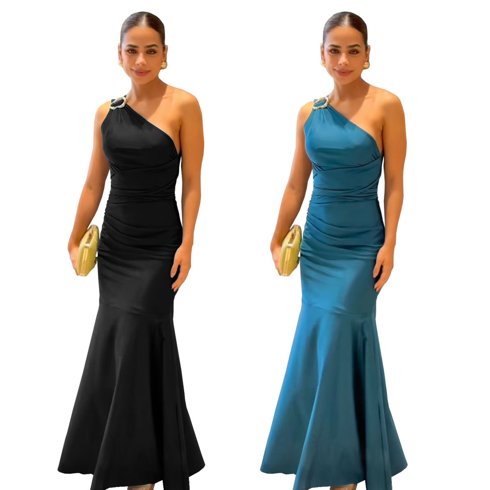 C7553 cross-border   fashion women's elegant bodycon solid color mermaid dress