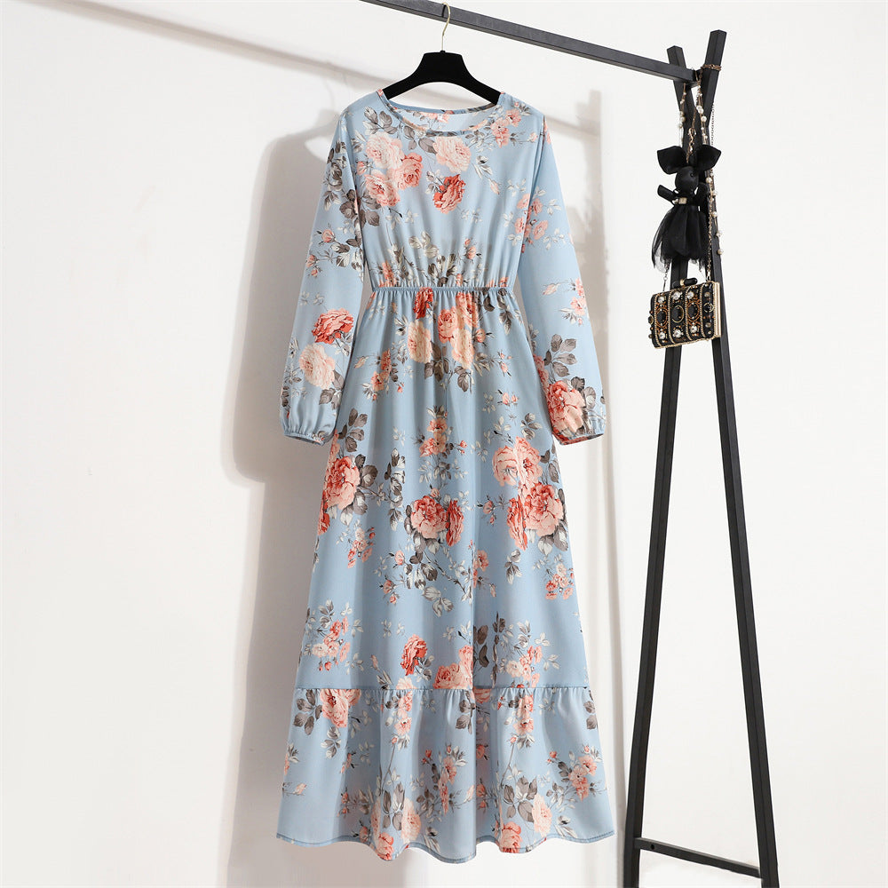 Shopee tk floral dress women's french round neck waist long light mature classysense slimming look cross-border early spring style