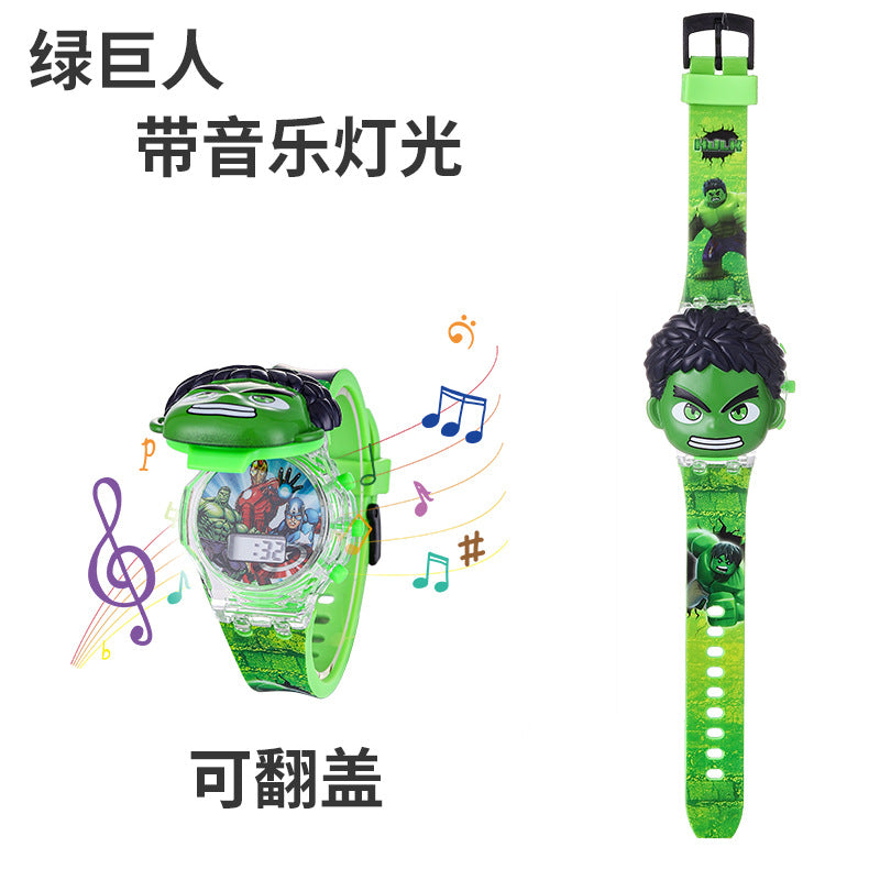 Superhero watch cartoon luminous flip cover elsa princess kuromi electronic birthday gift boy toy watch