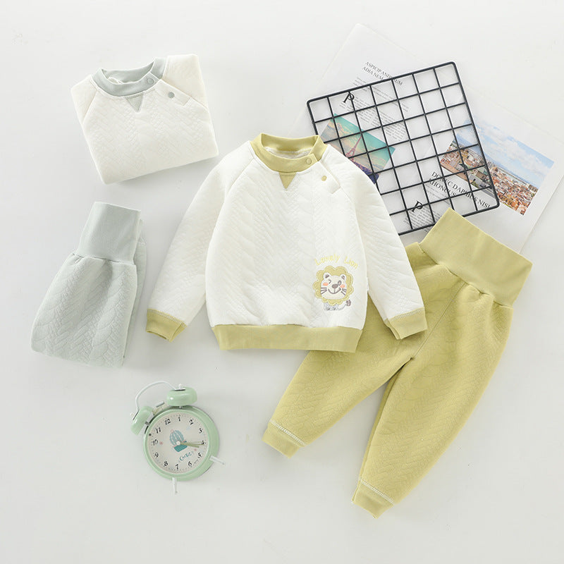 Wholesale baby thermal underwear set, pure cotton thickened quilted, unisex autumn/winter pullover high-waisted belly protection underwear set