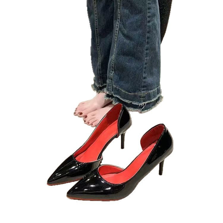 2025 new high heels, open-side design, nude sexy patent leather pumps, professional pointed-toe red sole, elegant style
