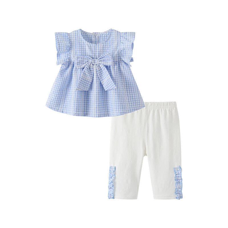 Girls' outfit set  new sweet style baby girl clothes two-piece set pastoral blue plaid top children's clothing