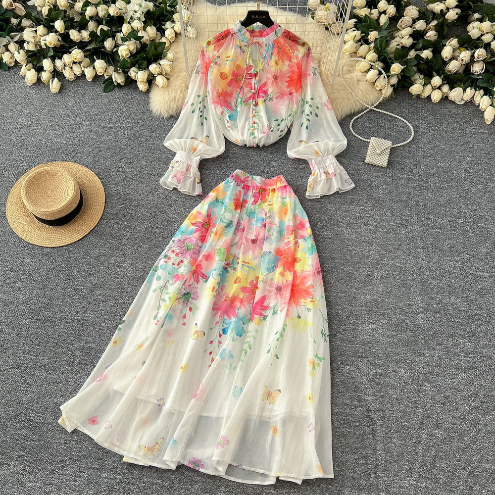 spring resort style two-piece set: women's elegant tie-waist lantern sleeve printed blouse + high-waisted drape midi skirt