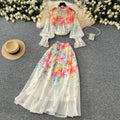 spring resort style two-piece set: women's elegant tie-waist lantern sleeve printed blouse + high-waisted drape midi skirt