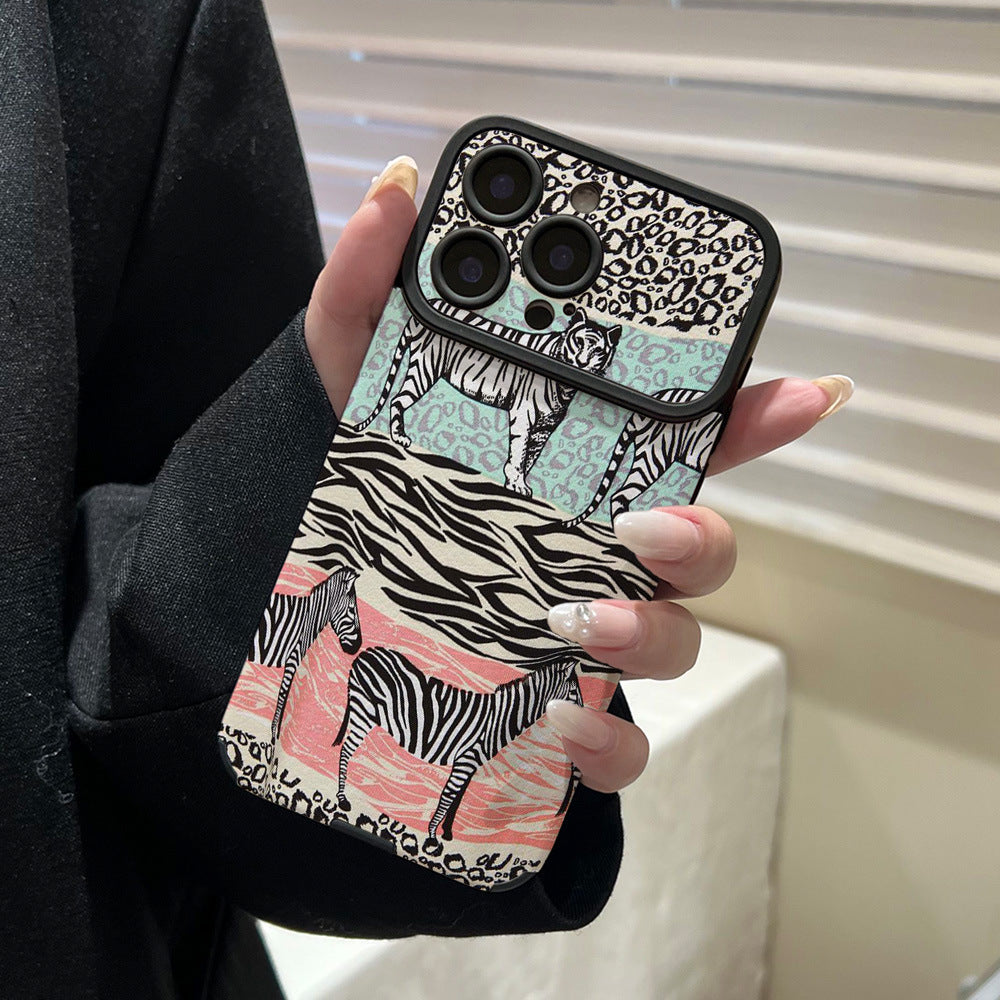 American retro zebra leopard print case for apple iphone 17 plus large window soft shell iphone 16 animal print patchwork phone case
