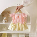 Infant and toddler floral patchwork flutter-sleeve cotton dress, new summer style for baby girls, with ruffled trim and vest-style princess dress