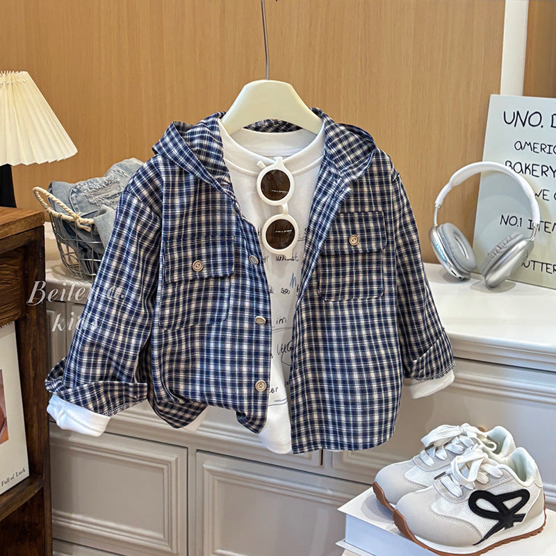 Kids' hooded jacket - new spring/autumn collection - boys' casual top - trendy baby plaid hooded shirt - stylish korean fashion