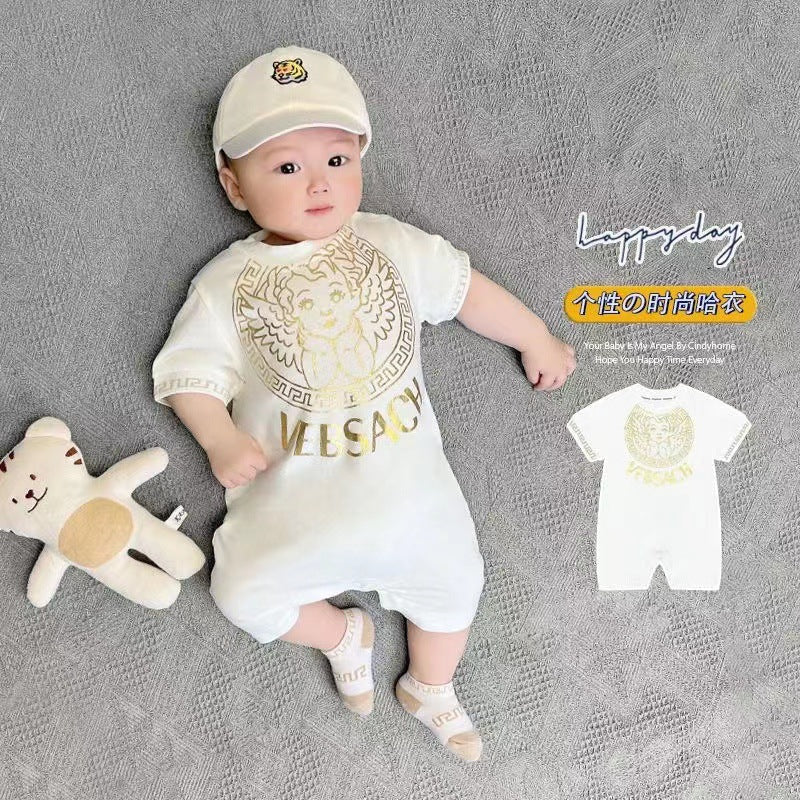 Baby romper summer thin style boy's crawling suit short sleeve onesie summer outfit gold foil print outdoor jumpsuit