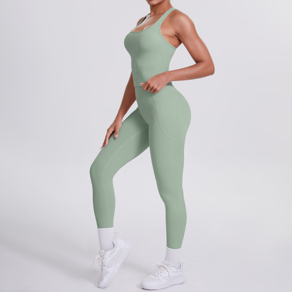 Naked-feel, form-fitting yoga set featuring a racerback design, high-waisted leggings with butt-lifting effect, and pockets. perfect for outdoor activities, casual wear, running, and gym workouts