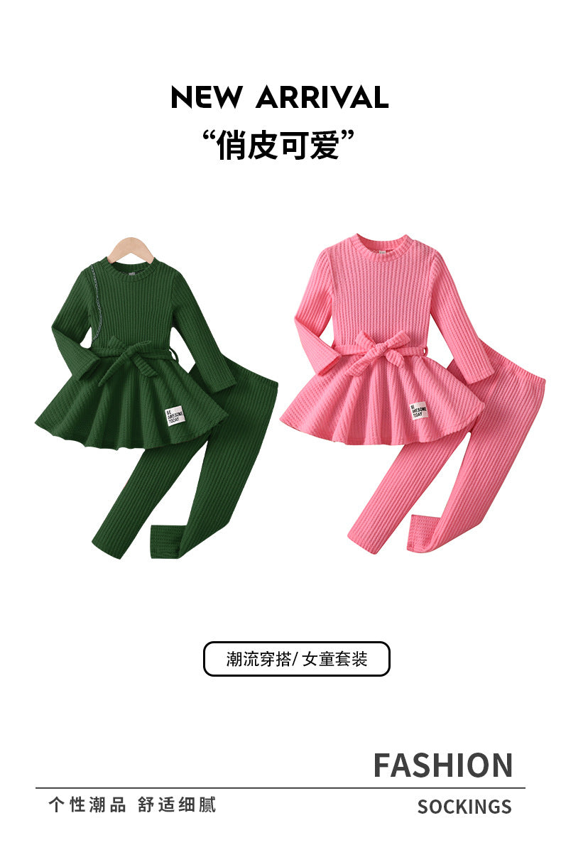 girls' autumn outfit: green ruffle skirt top and pants set - perfect for autumn loungewear or playtime