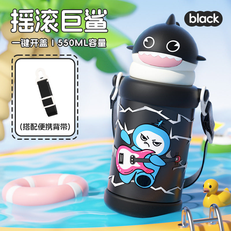 New arrivalwintercute little shark straw cup with strap portable stainless steel thermos cup outdoor sturdy and fall-resistant kids