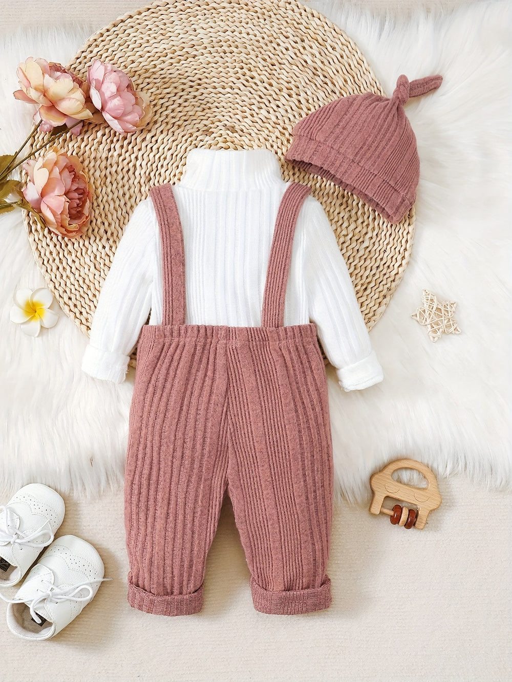 girl fashion style thickened brushed knitting turtleneck tops + overalls hat children's suit three-piece set