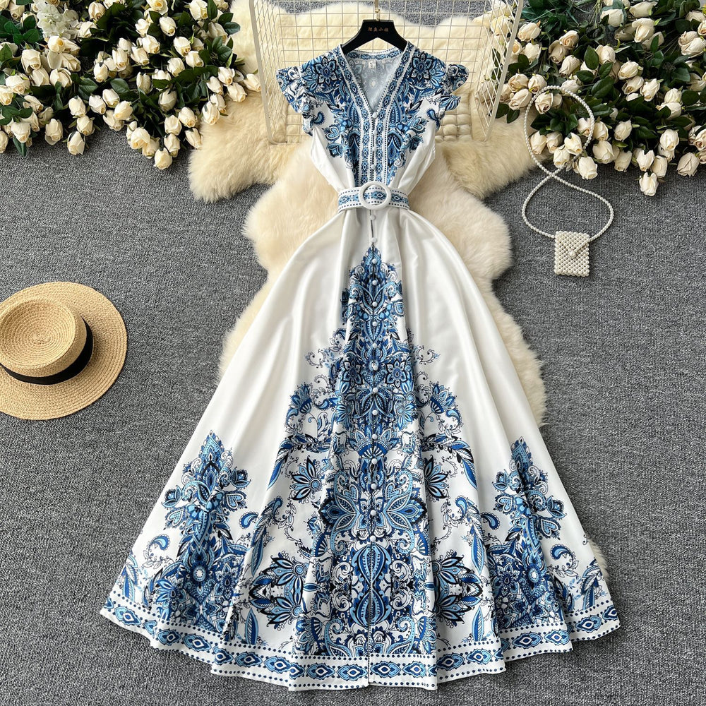 European and american style high-end elegant dress with flutter sleeves, cinched waist, v-neck, single-breasted button detail, and printed design - vintage long dress