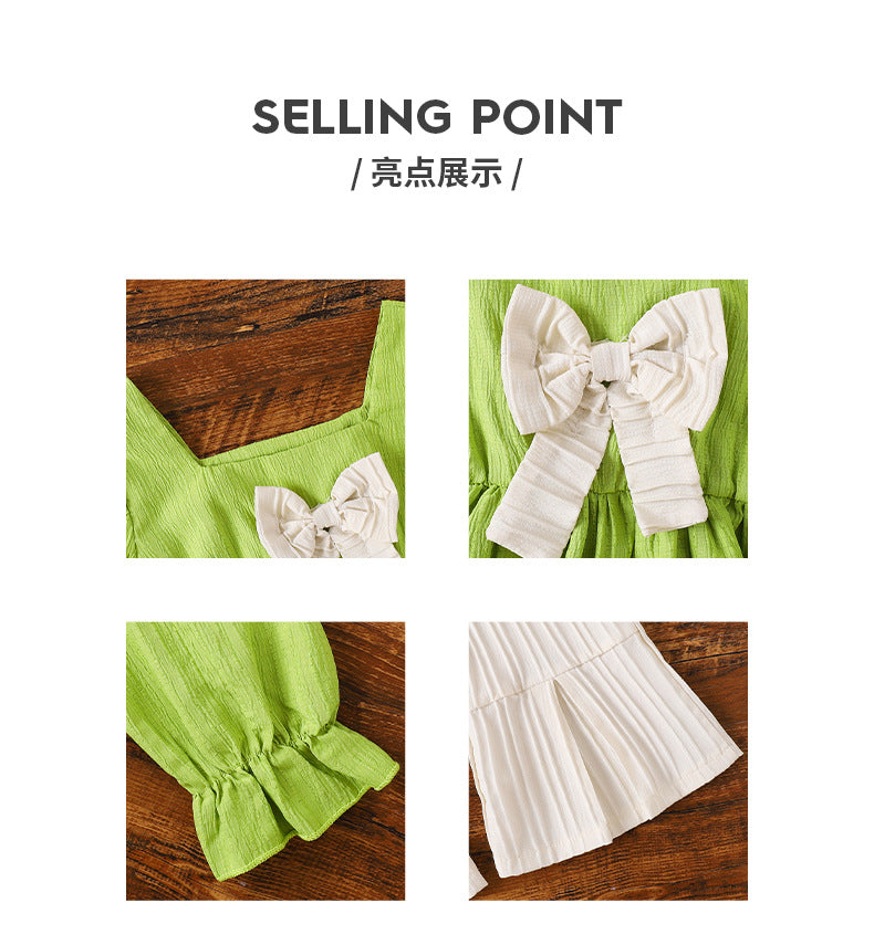 girltwo-piece set fruit green square collar topsbowspleated hem bell pants kids pantssuit